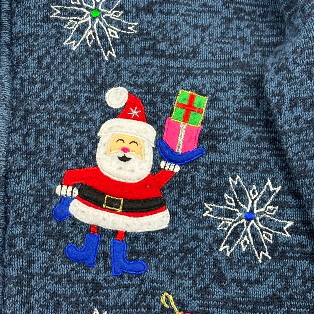 VTG Tiara International Christmas Santa Sweater Women L Blue Ramie Full Zip - Picture 7 of 16